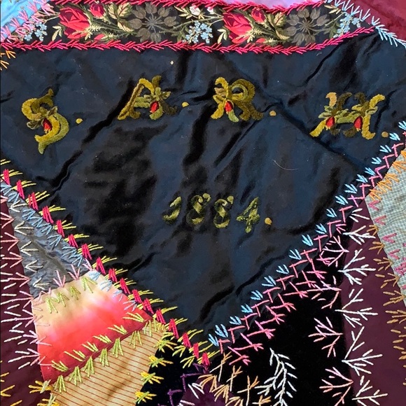 Antique Hand Made Silk Crazy Quilt dated 1884 - Picture 3 of 8